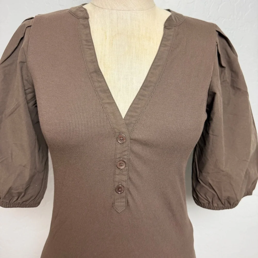 NEW Madewell Brown Ribbed Puff Sleeve Henley Top NW195 XS